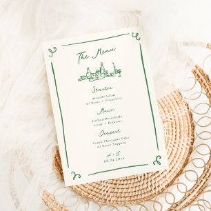 Menu Cardápio de Casamento Verde Desenhado à Mão com Fa