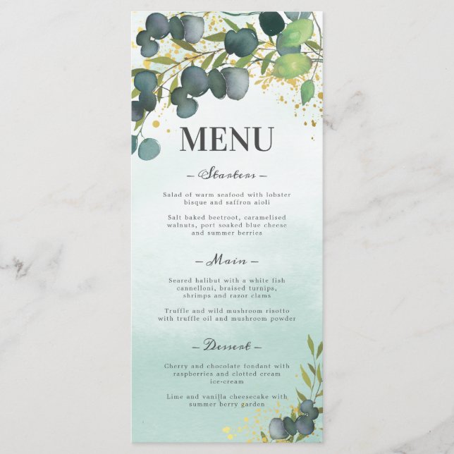 Menu Cardápio de Casamento Verde Eucalipto Dourado (Frente)