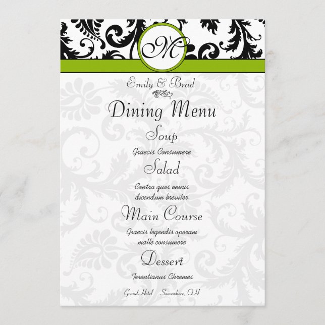 Menu Cardápio de Casamento Verde Maçã com Rodopio Preto (Frente)