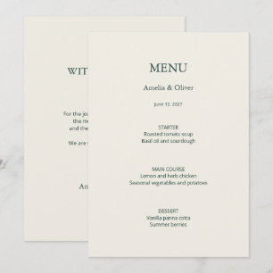 Menu Cardápio de Casamento Verde Marfim com Agradecimen