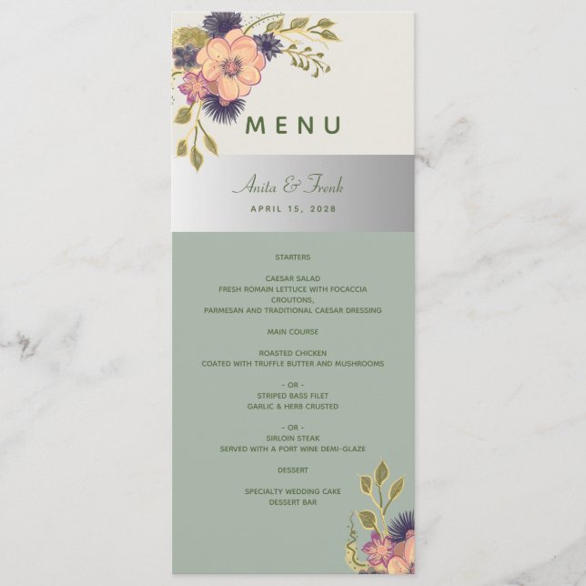 Menu Cardápio de Casamento Verde Salvia (Frente)