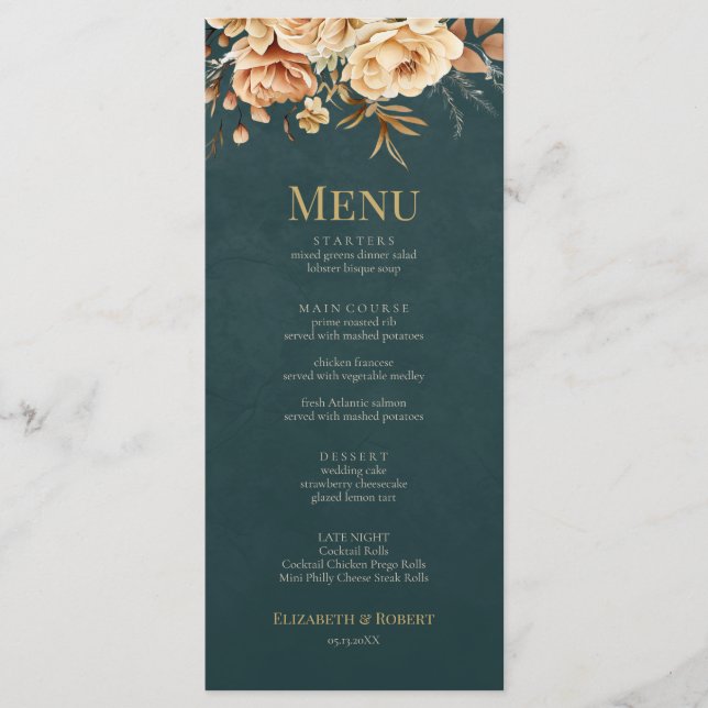 Menu Cardápio de Casamento Verde-Teal de Bruxa da Flore (Frente)
