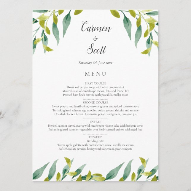 Menu Cardápio de casamento verdejante no jardim campest (Frente)
