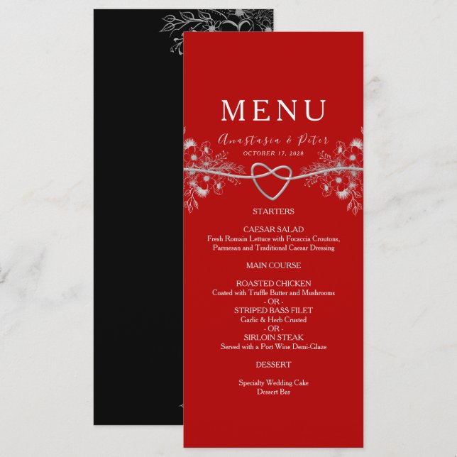 Menu Cardápio de Casamento Vermelho Elegante (Frente/Verso)