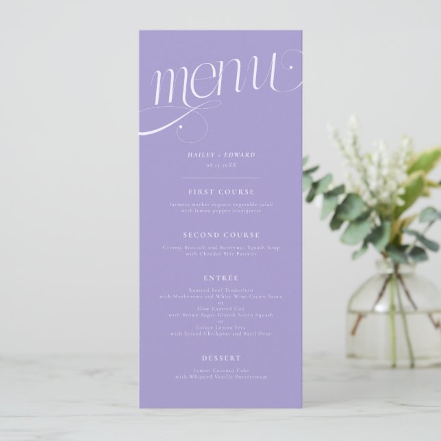 Menu Cardápio de Casamento Violeta Redemoinho Elegante (Em pé/Frente)