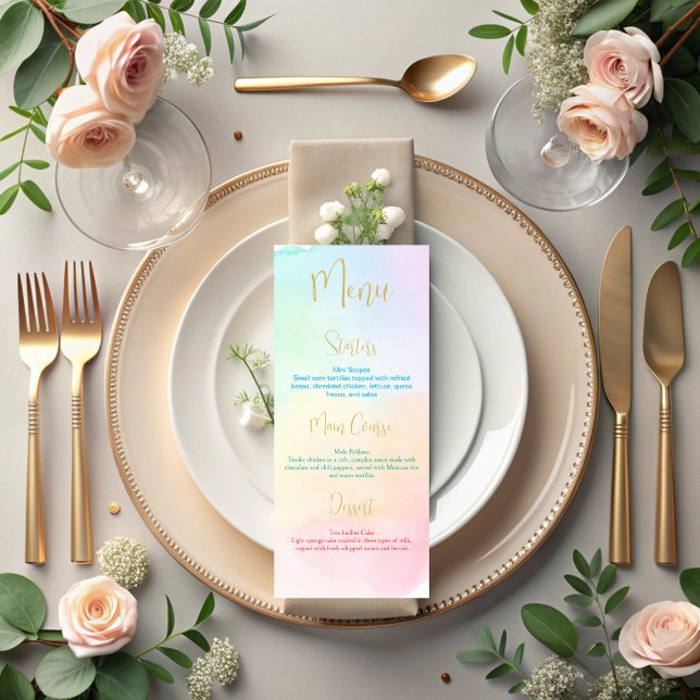 Menu cardápio de chá de bebê com arco-íris pastel ombre (Pastel rainbow ombre baby shower party menu cards)