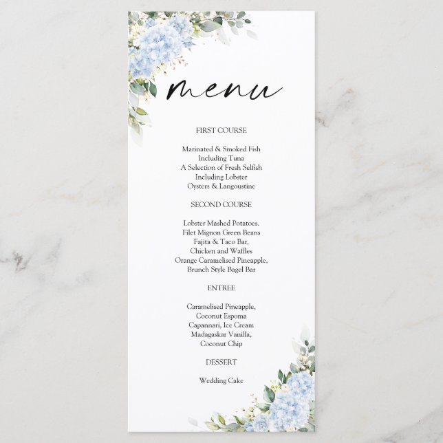 Menu Cardápio de Chá de Bebê Floral Hortênsia Azul (Frente)