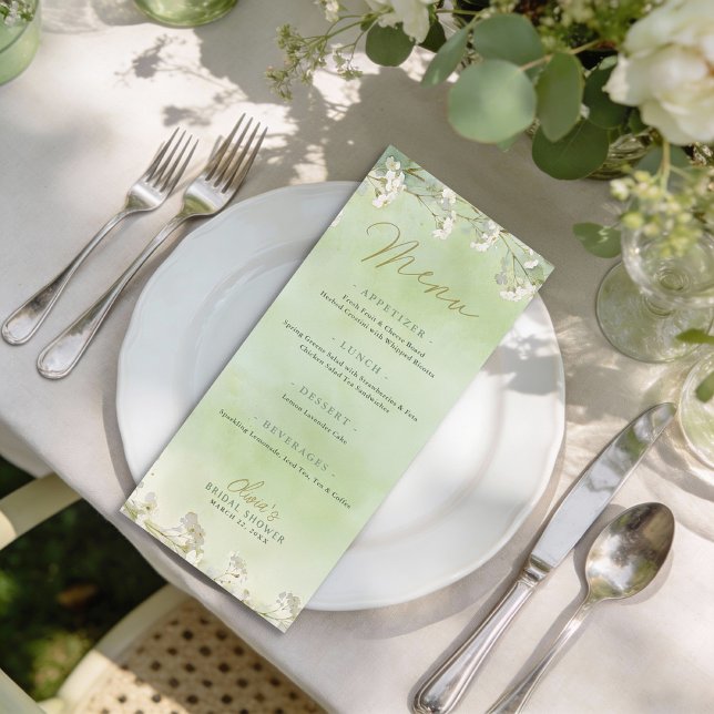 Menu Cardápio de Chá de Noiva com Flor Silvestre Verde (Garden Bridal Shower Menu)