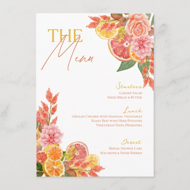 Menu Cardápio de Chá de Noiva Floral Cítrico (Frente)