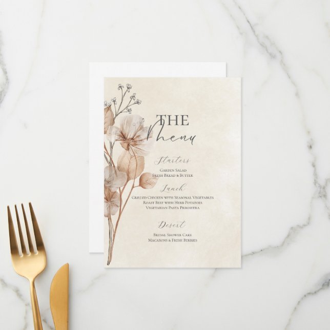 Menu Cardápio de Chá de Noiva Floral Marrom (Frente/Verso In Situ)