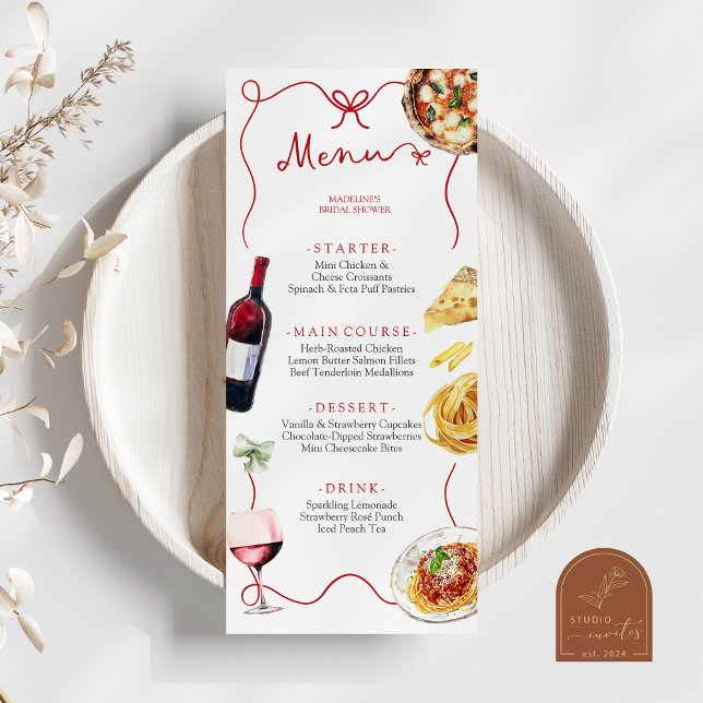 Menu Cardápio de Chá de Noiva Italiano Coquette Red Bow (Criador carregado)
