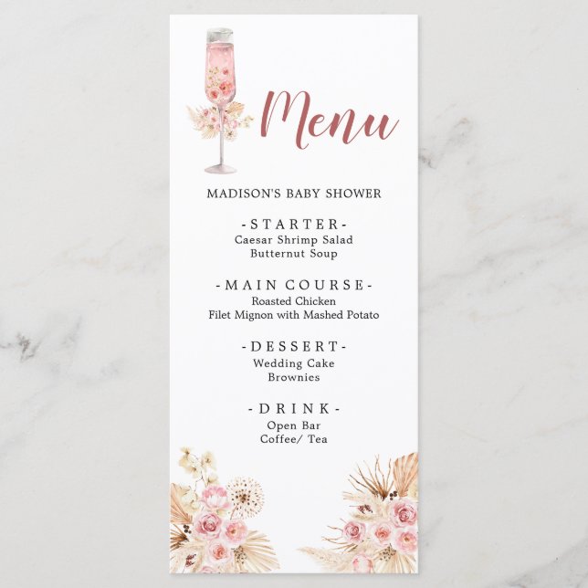 Menu Cardápio de Chá de Noiva Pink Boho Rose Soiree (Frente)