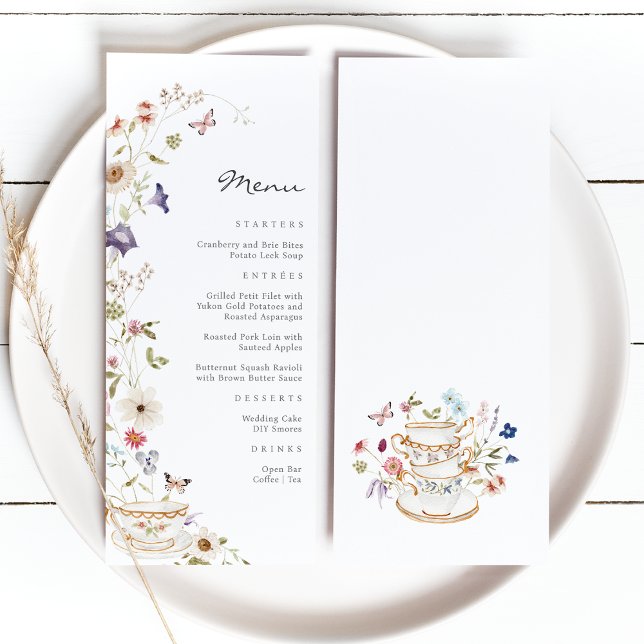 Menu Cardápio de Chá Floral para Festa (Wildflower Watercolor Floral with Butterflies Tea Party Menu by Painted Paperie
)