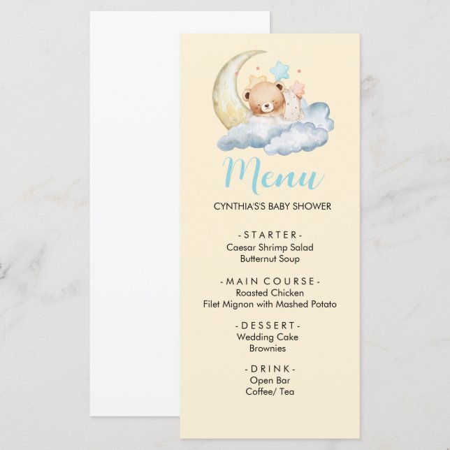 Menu Cardápio de Churrasco de Bebê Menino Urso de Sonho (Frente/Verso)