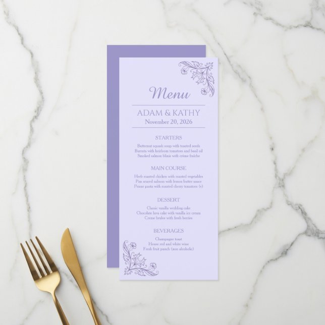 Menu Cardápio de Comida de Casamento de Lavanda Floral  (Frente/Verso In Situ)
