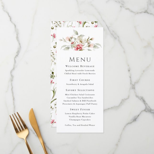 Menu Cardápio de Evento Floral Rosa Feminino (Frente/Verso In Situ)
