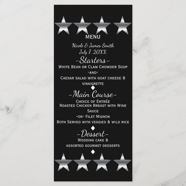 Menu Cardápio de festa Black & Silver Stars Hollywood G (Frente)