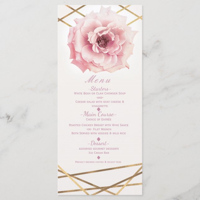 Menu Cardápio de festa de chá de noiva Pink & Gold Flor (Frente)