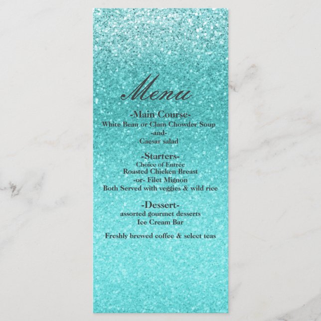Menu Cardápio de Festa Glam com Brilho Azul Mar Água (Frente)