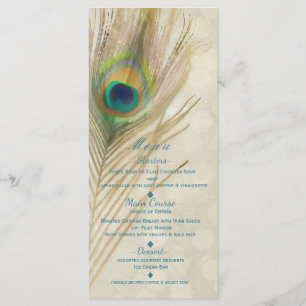 Menu Cardápio de festa glamorosa com pena de pavão exót