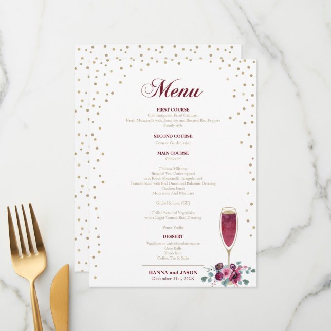 Menu Cardápio de Flores burgundy com brilho em Dourado  (Frente/Verso In Situ)