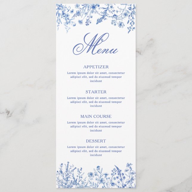 Menu Cardápio de Flores Silvestres Azuis (Frente)
