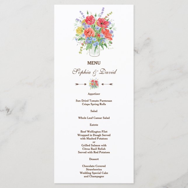 Menu Cardápio de Flores Silvestres do Prado em Aquarela (Frente)