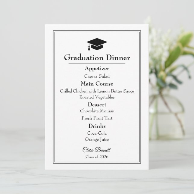 Menu Cardápio de Formatura 2026 Preto e Branco Elegante (Em pé/Frente)