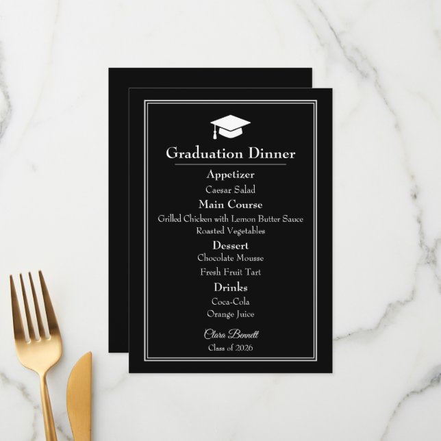 Menu Cardápio de Formatura Preto e Branco Moderno 2026 (Frente/Verso In Situ)