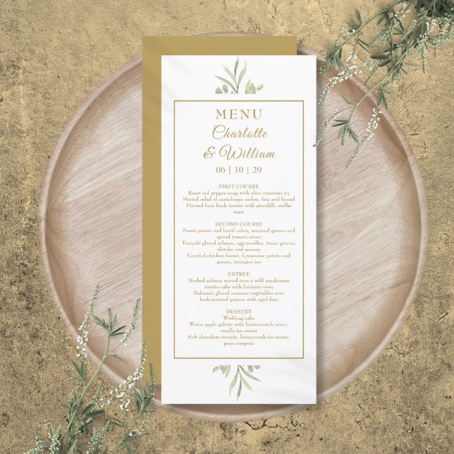 Menu Cardápio de Jantar com Aguarela Elegante em Verde  (Elegant Watercolor Greenery Gold Dinner Menu)