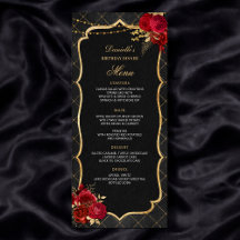 Cardápio de Jantar de Aniversário Preto Vermelho e