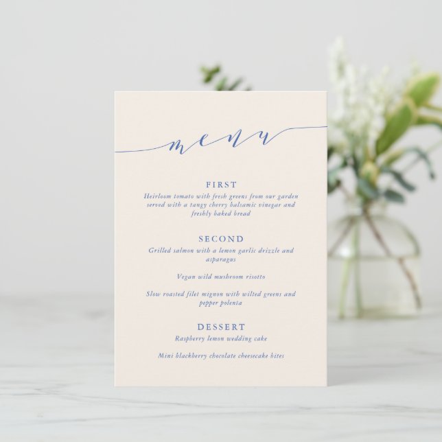 Menu Cardápio de Jantar de Casamento Azul Clássico Mini (Em pé/Frente)