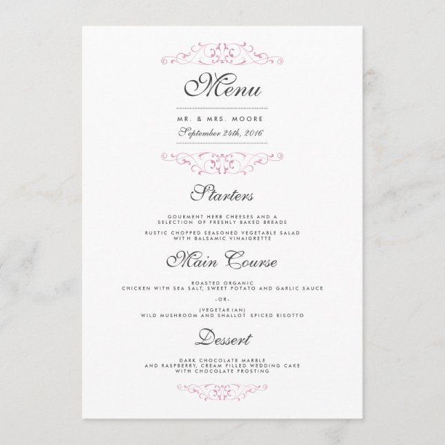 Menu Cardápio de Jantar de Casamento com Florescer Rosa (Frente)
