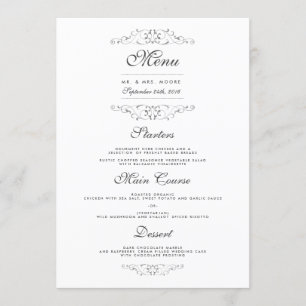 Menu Cardápio de Jantar de Casamento em Prata Antiga co