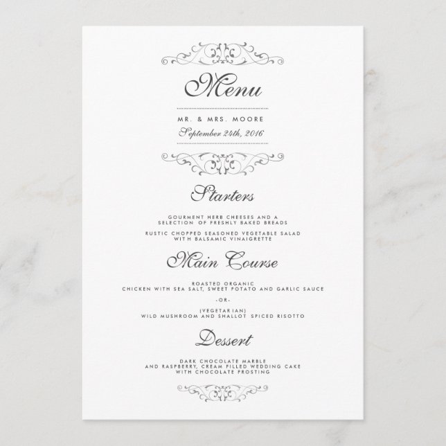 Menu Cardápio de Jantar de Casamento em Prata Antiga co (Frente)