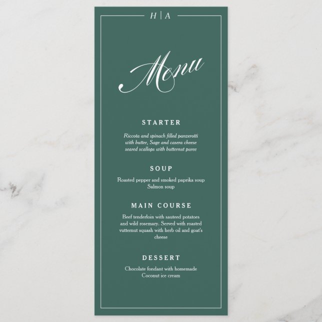 Menu Cardápio de Jantar de Casamento Escrita à Mão Verd (Frente)