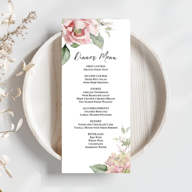 Menu Cardápio de Jantar de Casamento Floral em Aquarela (Elegant calligraphy script floral wedding menu card template. )