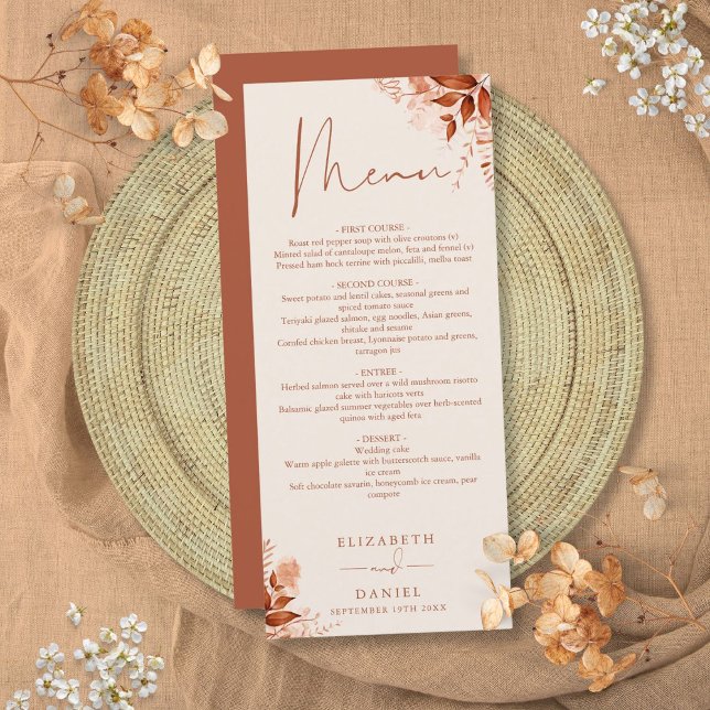 Menu Cardápio de Jantar de Casamento Floral Outonal Rús (Rustic Floral Autumn Fall Wedding Dinner Menu)