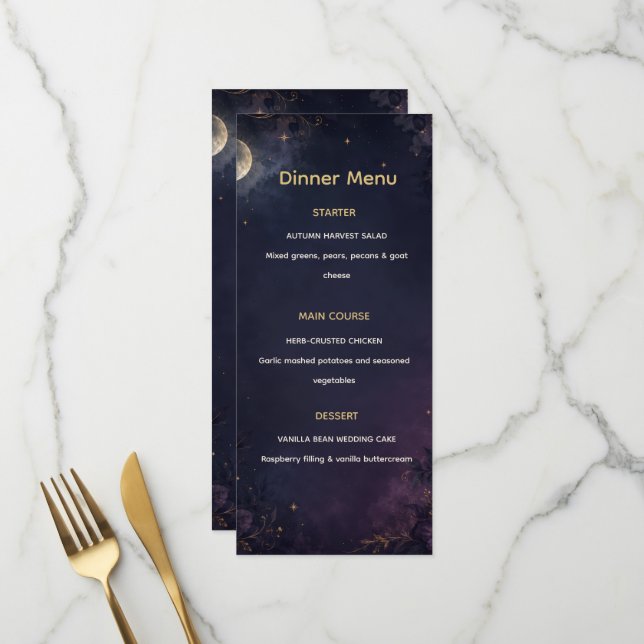 Menu Cardápio de Jantar de Casamento Gótico Celestial E (Frente/Verso In Situ)