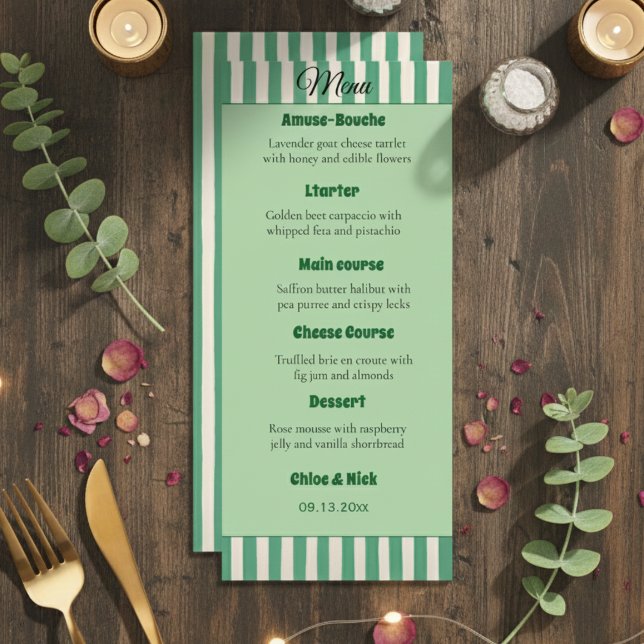 Menu Cardápio de Jantar de Casamento Listrado de Verde  (Criador carregado)