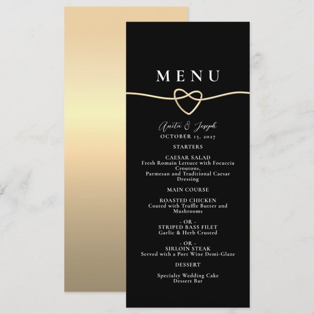 Menu Cardápio de Jantar de Casamento Preto Dourado Eleg (Frente/Verso)