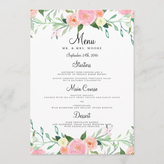 Menu Cardápio de jantar de casamento Rosa Água Suave em (Frente)