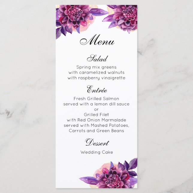 Menu Cardápio de jantar de casamento roxo. Festa de men (Frente)
