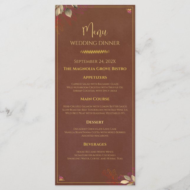 Menu Cardápio de Jantar de Casamento Terracota Rústica  (Frente)