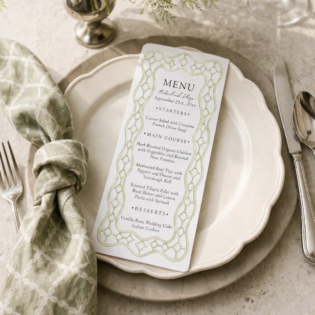 Menu Cardápio de Jantar de Casamento Treliça Francesa V (Sage Green French Trellis Wedding Dinner Menu)