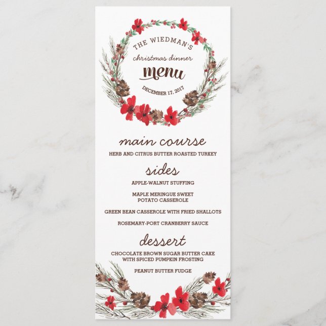 Menu Cardápio de Jantar de Natal com Coroa Floral (Frente)