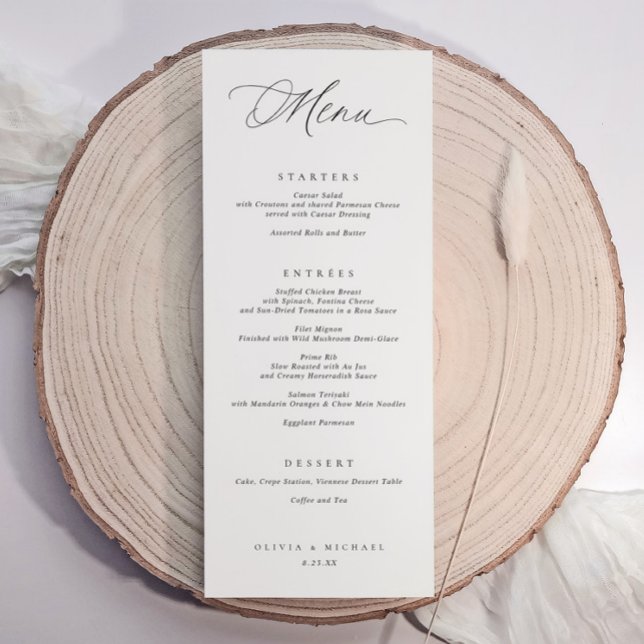 Menu Cardápio de Jantar de Noite de Casamento Preto e B (Elegant wedding dinner menu cards. Modern romantic typography / calligraphy. Centered text.)