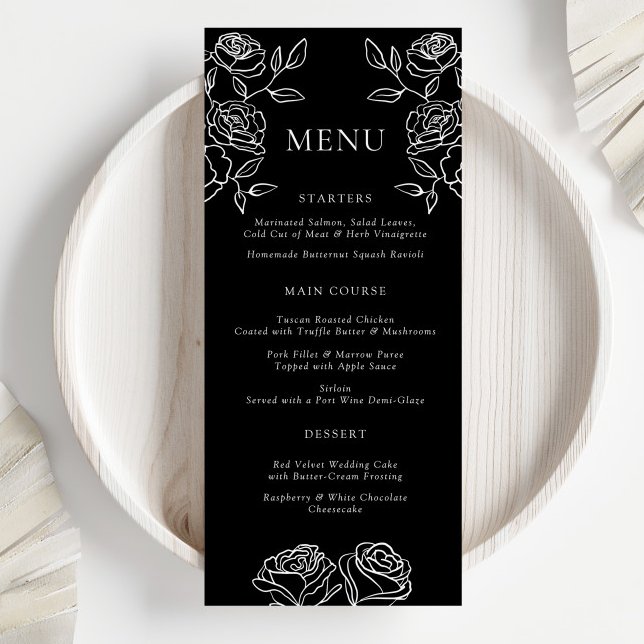 Menu Cardápio de Jantar de Noite Formal Rosa Preta e Br (Criador carregado)