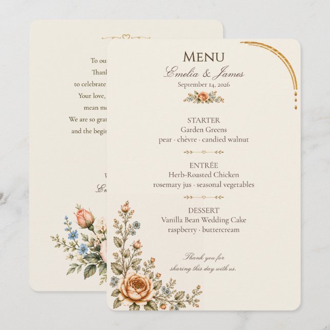 Menu Cardápio de Jantar de Noite no Jardim de Rosas Ant (Frente/Verso)