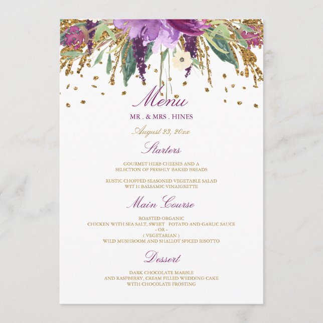 Menu Cardápio de Jantar de Noiva com Amethyst Floral Es (Frente)